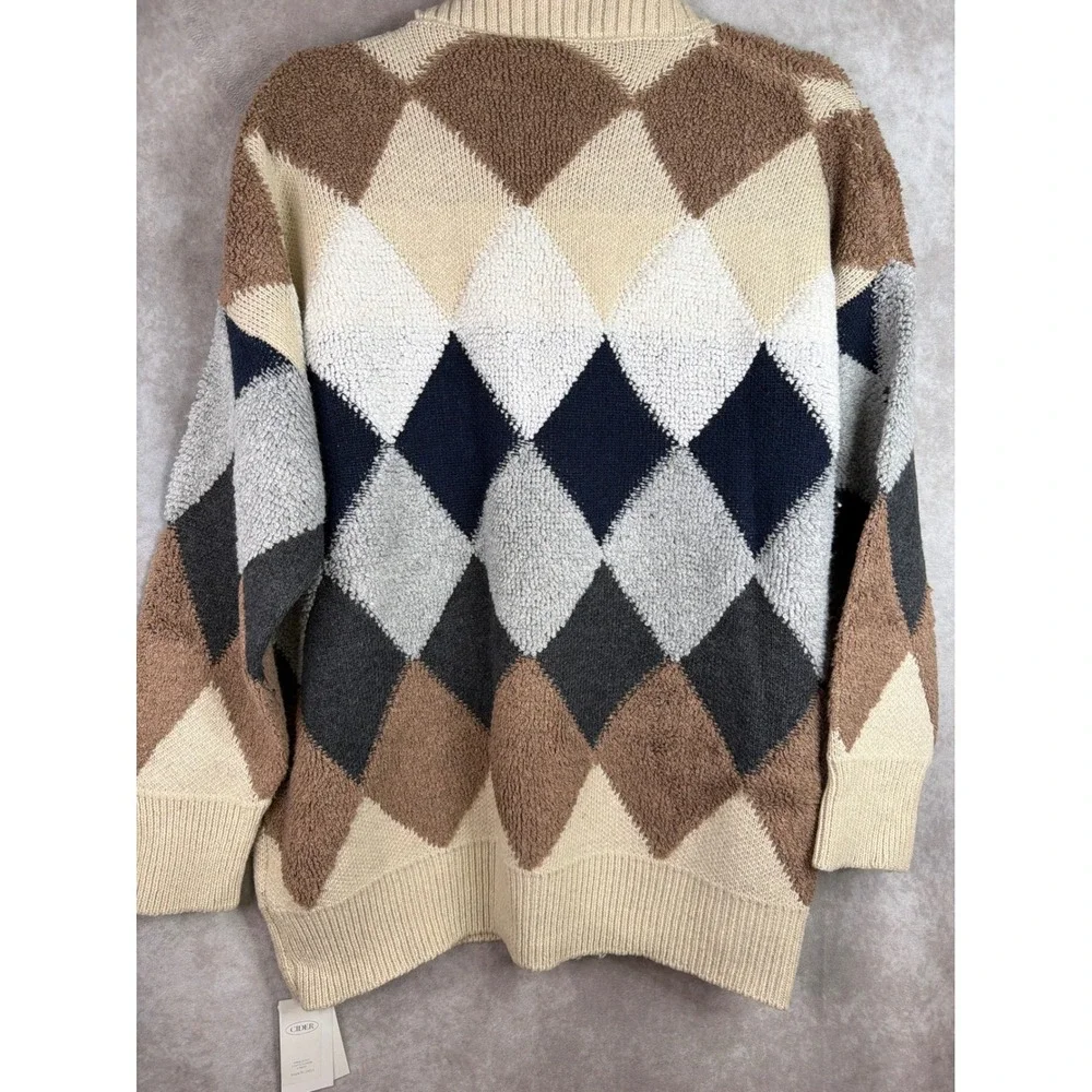 NWT Cider Cardigan Women Medium Multicolor Argyle Oversized Fuzzy V-Neck